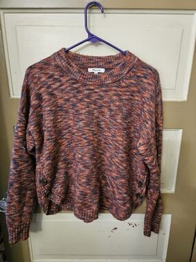 Madewell Women's Marled Orange and Navy Crewneck Sweater, Size M, Buttons  Side